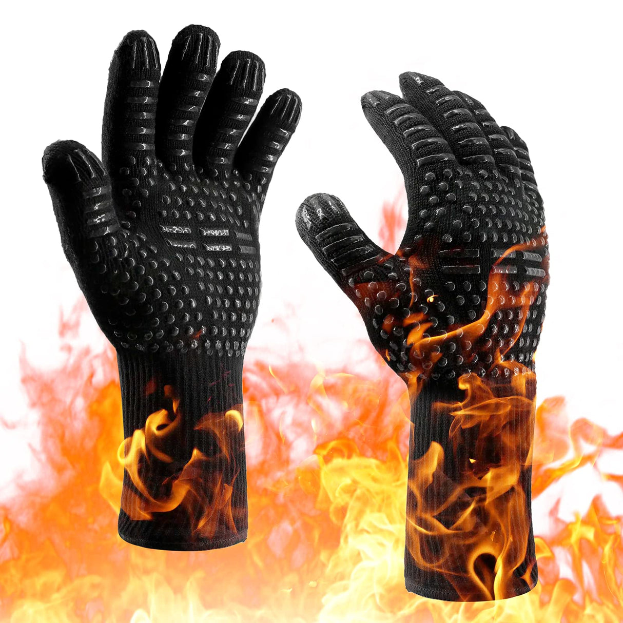 Heat Resistant BBQ Gloves for Hot Temperature Cooking, Barbecue Grilling or Baking Bread Pizza, Safe Oven Mittens with Fingers MOAMI