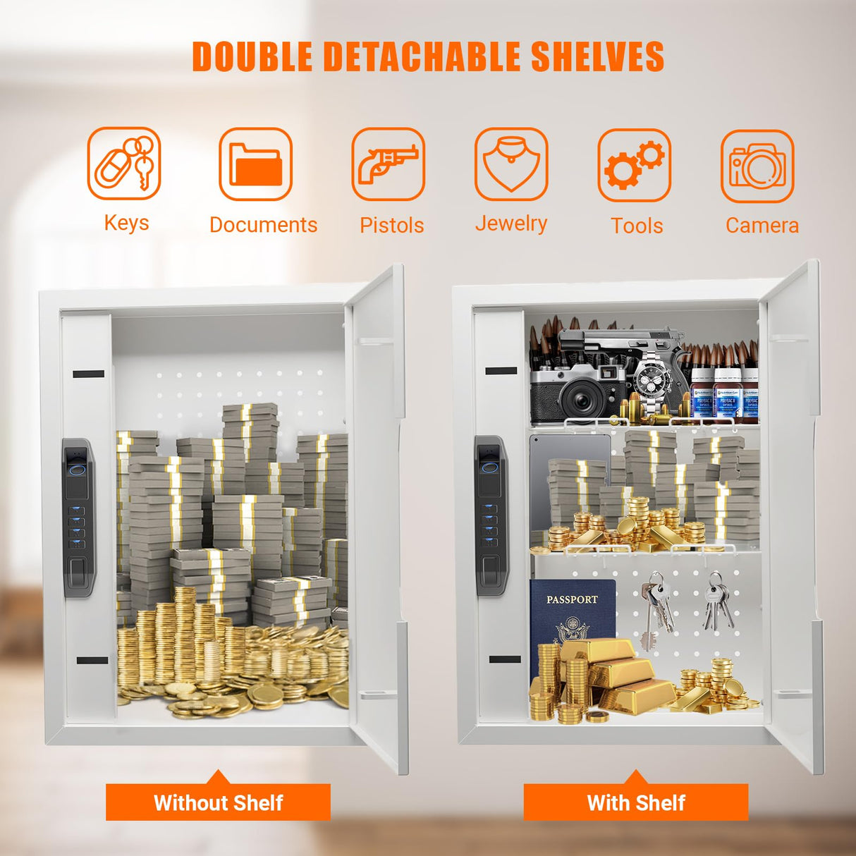 MAXSAFES Wall Gun Safe with Super Finger Vein Recognition Lock Electronic Hidden Safe with Removable Pegboard & Shelfs, Wall Safes Between the Studs for Handguns, Valuables, Home or Business MAXSafes