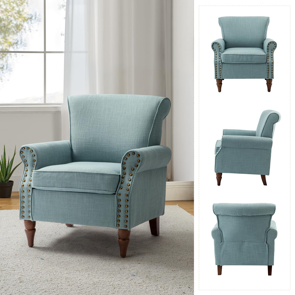 HULALA HOME Accent Chair with Wood Legs & Removable Cushion, Modern Wingback Armchair with Nailhead Trim, Comfy Upholstered Lounge Chair, Single Sofa Chairs for Living Room Bedroom, Blue HULALA HOME