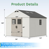 Greesum 10x10 FT Plastic Outdoor Storage Shed with Floor, Resin Sheds with Windows and Skylights, Weather Resistant Organization with Lockable Door, for Garden, Lawn, Pool Supplies, Beige Greesum