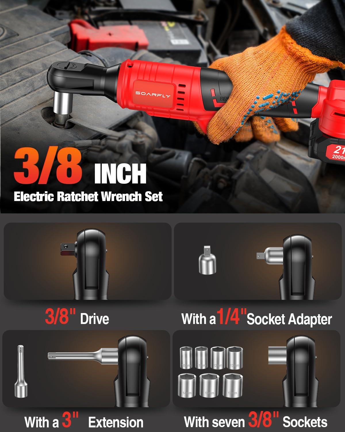 Cordless Electric Ratchet Wrench Set 3/8", Upgraded 60 Ft-lbs 21V Powerful Ratchet Tool Kit, With LED Light Cordless Ratchet,Variable Speed,7 Sockets, 3" Extension Bar, 1/4" Adapter, 2*2000mA - WoodArtSupply