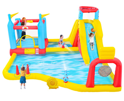 WELLFUNTIME Inflatable Water Slides Park with Blower, Bouncy Castle with Climbing Wall, Dual Water Cannons, Dual Basketball Hoops, Dartboard, Ring Toss, Deep Pool