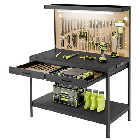 Henetion Work Bench, Workbench with Power Outlets and Light, A3 Steel Work Table with Drawers Pegboard, 600LBS Capacity Garage Workbench, Work Benches for Garage Workshop Basement Henetion