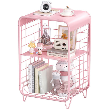 SYKIARIOL Metal Side Table,Cute Pink Nightstand,3 Tier End Table with Storage,Vintage Bedside Table,Girls Bedroom Furniture,Accent Table,Small Coffee Table for Living Room,Bedroom,Dorm SYKIARIOL