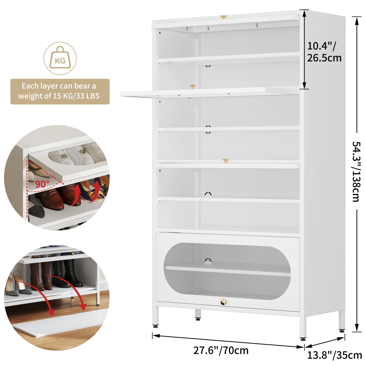 Foreate 8-Tier Tall Shoe Storage Cabinet with 4 Flip-Up Doors & Removable Shelves, 54” Metal Cabinet Shoe Rack Organizer for 24-32 Pair Shoes, Tall Freestanding Modern Entryway Shoe Cabinet-Glass Door Foreate