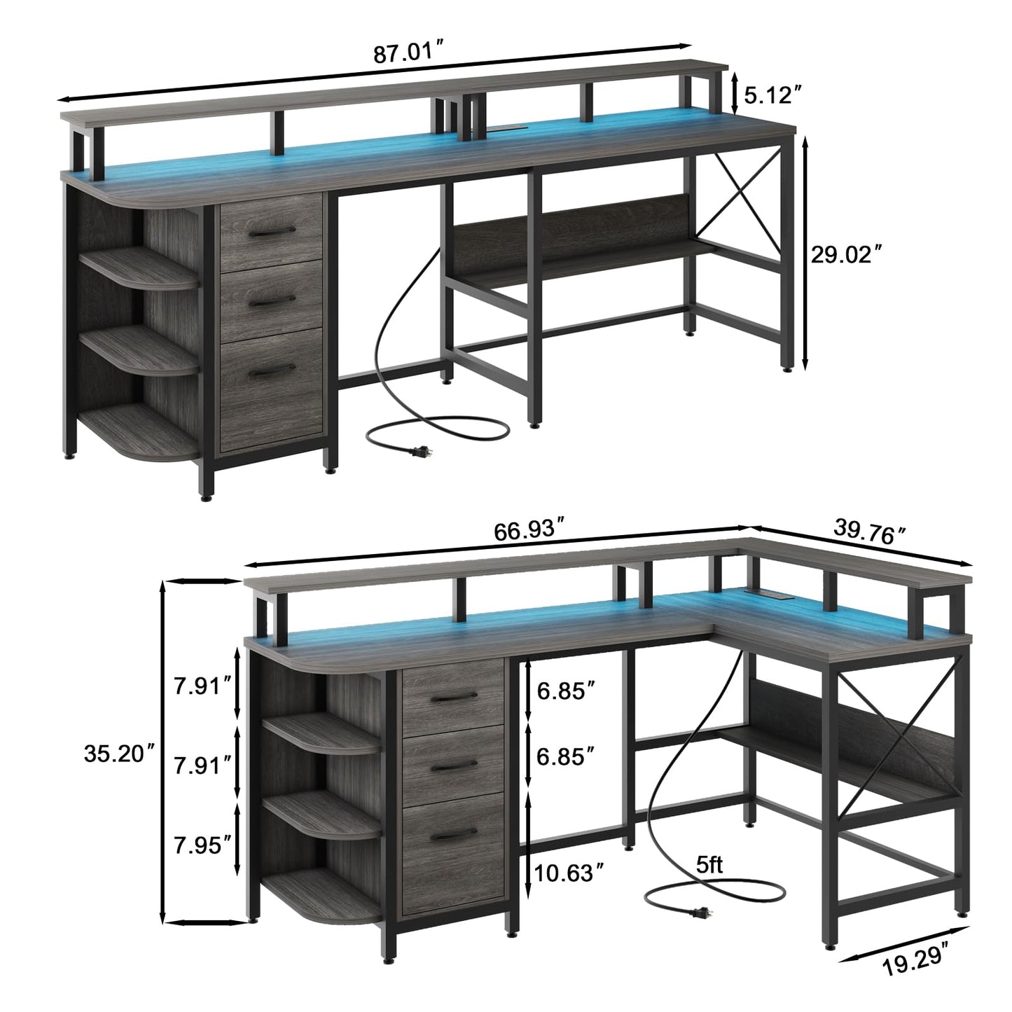 67" L Shaped Computer Desk with LED Lights and Power Outlets, Reversible L Shaped Gaming Desk with 3 Drawers Hutch Monitor Stand, Home Office Desk with USB Port Home Office