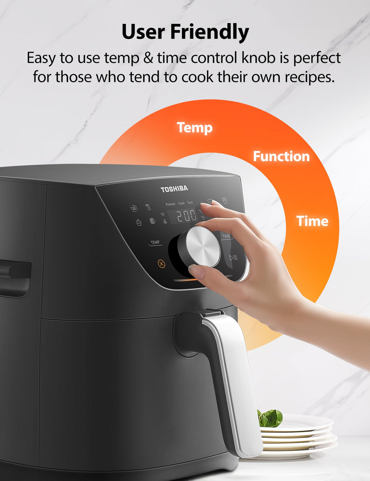 Toshiba 5.5QT Air Fryer with Heat-Q Technology, Quick and Easy Meals, 8 Preset Menus and Menu-IQ Function, 1-Degree Fahrenheit Precision, 90% Less Oil, Double-Sided Handles TOSHIBA