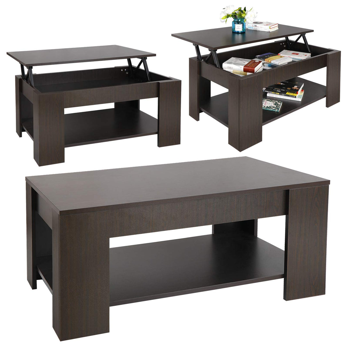 SUPER DEAL Modern Lift Top Coffee Table w/Hidden Compartment and Storage Shelves Pop-Up Storage Cocktail Table for Living Room Reception Room SUPER DEAL