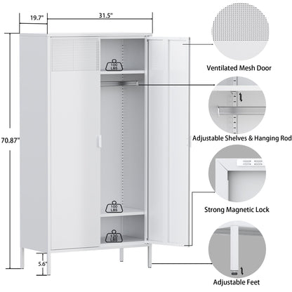 Ustamio White Metal Wardrobe Cabinet with Hanging Rod, Metal Armoire Wardrobe Closet with Doors for Bedroom, Office, Laundry Room and Changing Room, Metal Locker Cabinet - WoodArtSupply