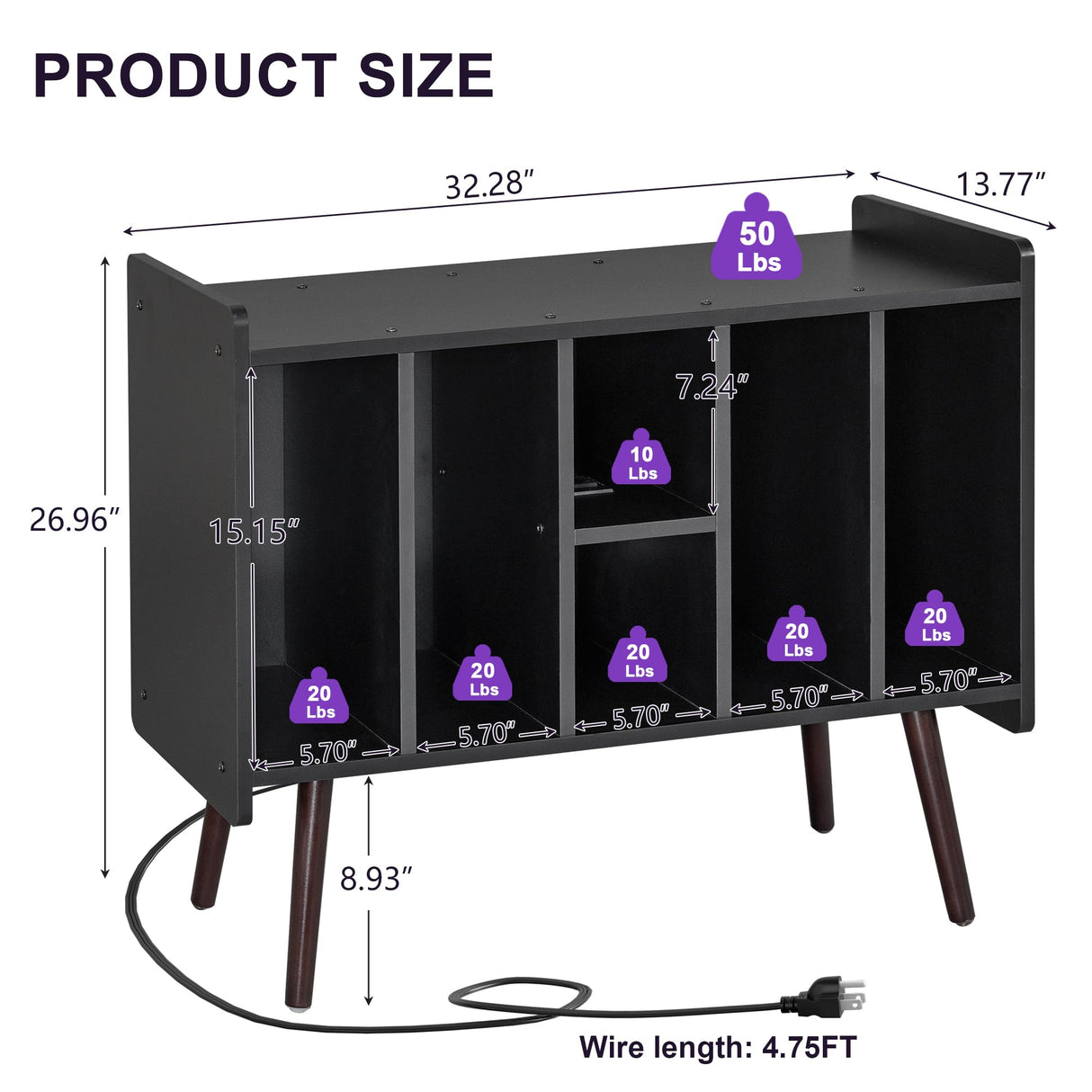 Clikuutory Large Record Player Stand, Vinyl Record Storage Cabinet with Power Outlet & LED Lights Holds Up to 200 Albums, Turntable Stand with Round Wood Legs for Bedroom, Living Room, Black Clikuutory