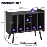 Clikuutory Large Record Player Stand, Vinyl Record Storage Cabinet with Power Outlet & LED Lights Holds Up to 200 Albums, Turntable Stand with Round Wood Legs for Bedroom, Living Room, Black Clikuutory