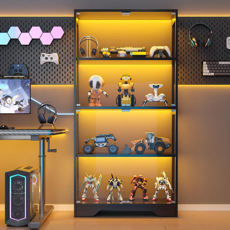 UNIQUITE Display Cabinet with Glass Doors, 63" Curio Cabinet with Color Lights for Collectibles, 4-Tier Display Case with Human Body Sensor for Artwork Books, Black UNIQUITE