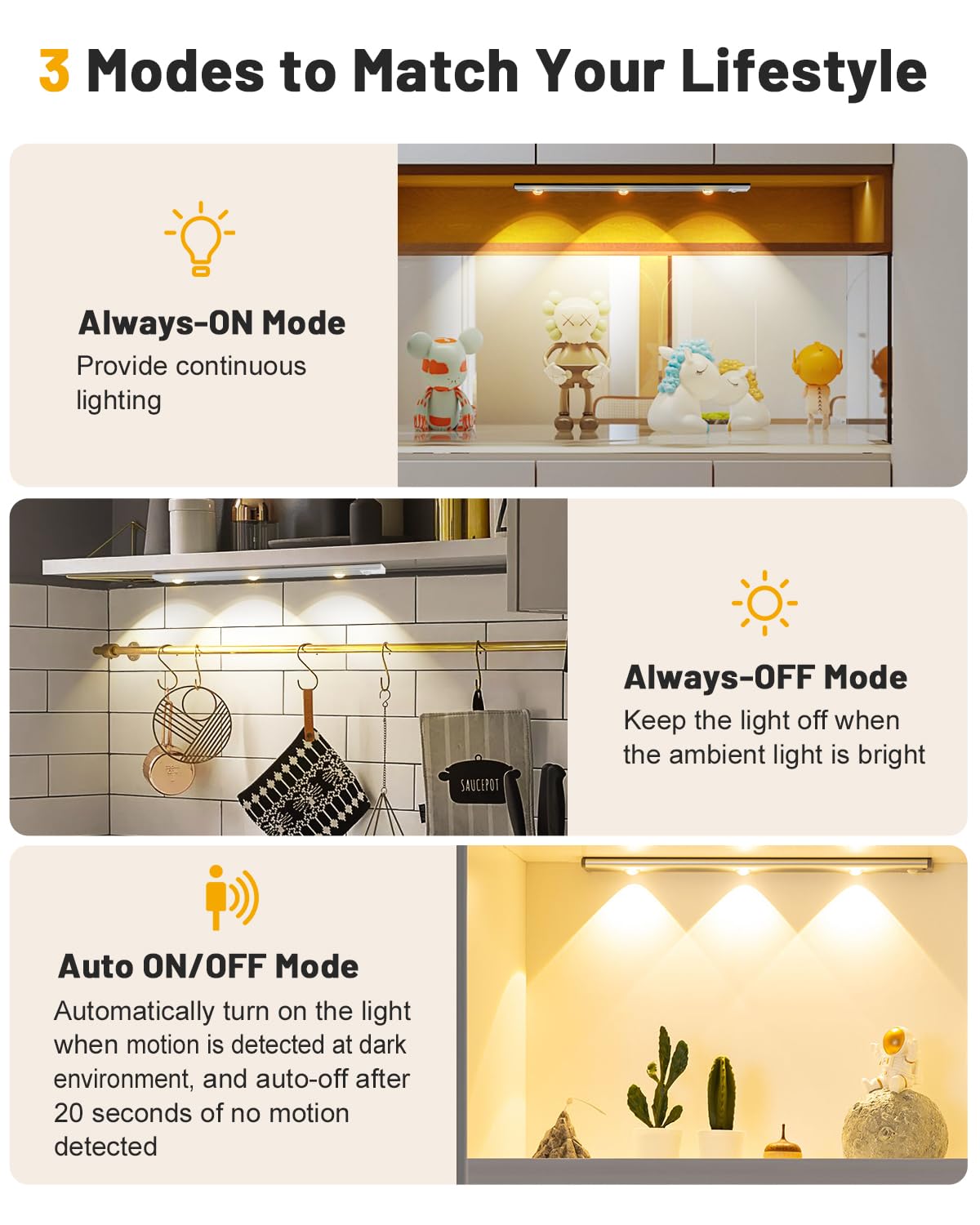 Pak Under Cabinet Lights, Rechargeable Motion Sensor Light Indoor, Wireless and 3-Color Dimmable with Cat’s Eye Hill Effect, for Display Cabinets, Showcases, Wine Racks, 2 Pack, Silver Pak