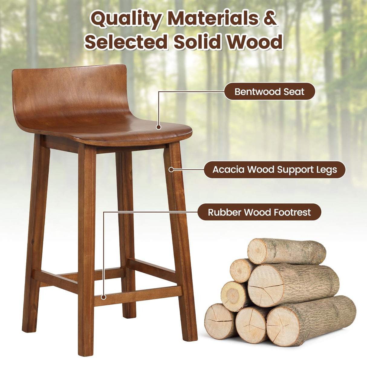 COSTWAY Solid Wood Bar Stools Set of 4, 24.5-inch Counter Height Chairs with Low Backrest and Footrest, Wooden Pub Barstools, Armless Kitchen Island Breakfast Stools for Dining Room, Cafe, Brown COSTWAY