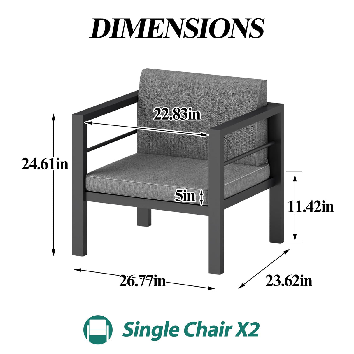 GARTOO Outdoor Aluminum Armchairs Set of 2 - Patio Furniture Single Chairs with Waterproof Cushions, Modern Outside Weather Resistant Sofa Seat for Balcony, Garden, Poolside GARTOO
