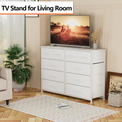 Furnulem Bedroom Dresser White 55”Long TV Stand Entertainment Center Dresser & Chests of Drawers,10 Storage Fabric Drawer Dressers,Sturdy Metal Frame Tall Bedroom Dresser for Living Room, Entryway