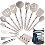 HOTEC Heat Resistant Silicone Kitchen Utensils, Cooking Utensil Set, Spatula Set, BPA Free, Kitchen Gadgets, With Stainless Steel Utensils Holder, Dishwasher Safe 14pcs Khaki HOTEC