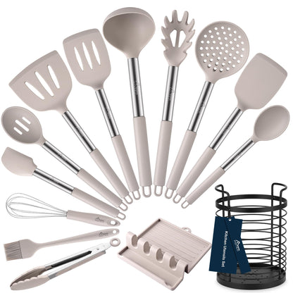 HOTEC Heat Resistant Silicone Kitchen Utensils, Cooking Utensil Set, Spatula Set, BPA Free, Kitchen Gadgets, With Stainless Steel Utensils Holder, Dishwasher Safe 14pcs Khaki