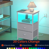 sthmec Nightstand with Charging Station, LED Night Stand Set 2, Bedside Table End Tables Set of 2, Bedroom Tables with 2 Fabric Drawers PU Finish, 3-Tier Storage Side Table for Bedroom,White sthmec