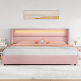 HOMBCK King Size Bed Frame with Headboard and LED Lights, Boucle Upholstered Platform Bed with Wingback Design, Modern Soft Bed Frame, No Box Spring Needed, Easy Assembly, Pink HOMBCK
