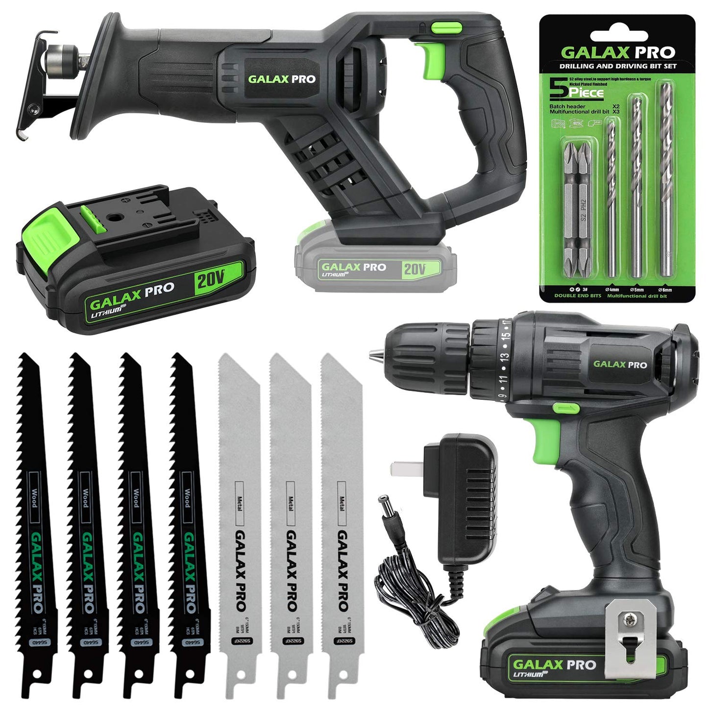 GALAX PRO 20 V Max Cordless Combo Kit, 20 N.m Impact Drill Driver, Reciprocating Saw 0-3000 SPM, 1.3 Ah Li-ion Battery Pack with Charger and 7 Pieces blades - WoodArtSupply