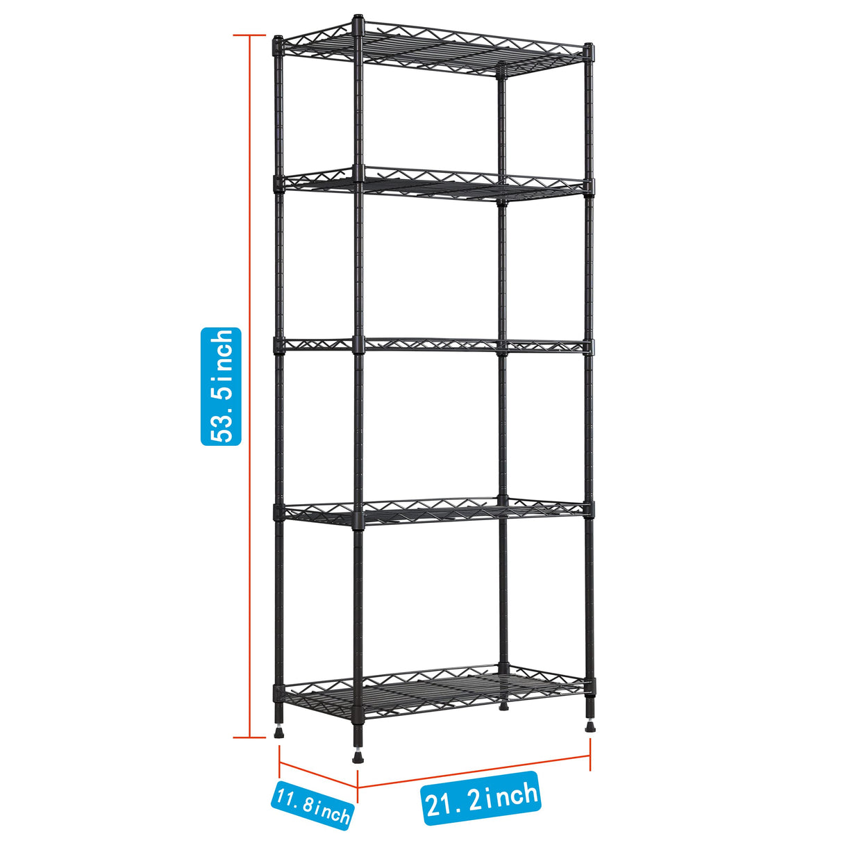 REGILLER 5-Wire Shelving Metal Storage Rack Adjustable Shelves, Standing Storage Shelf Units for Laundry Bathroom Kitchen Pantry Closet (Black, 21.2L x 11.8W x 53.5H) REGILLER