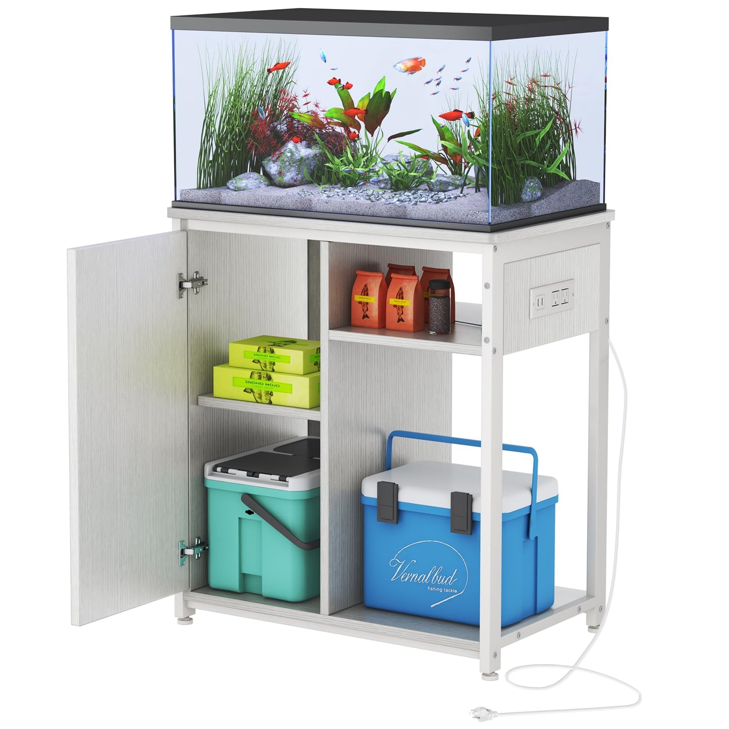 ZERDER Aquarium Stand with USB and AC Power Strip, Cabinet for Fish Tank Accessories Storage, Heavy Duty Metal Fish Tank Stand for Turtle Tank (White, 20-29 Gallons)