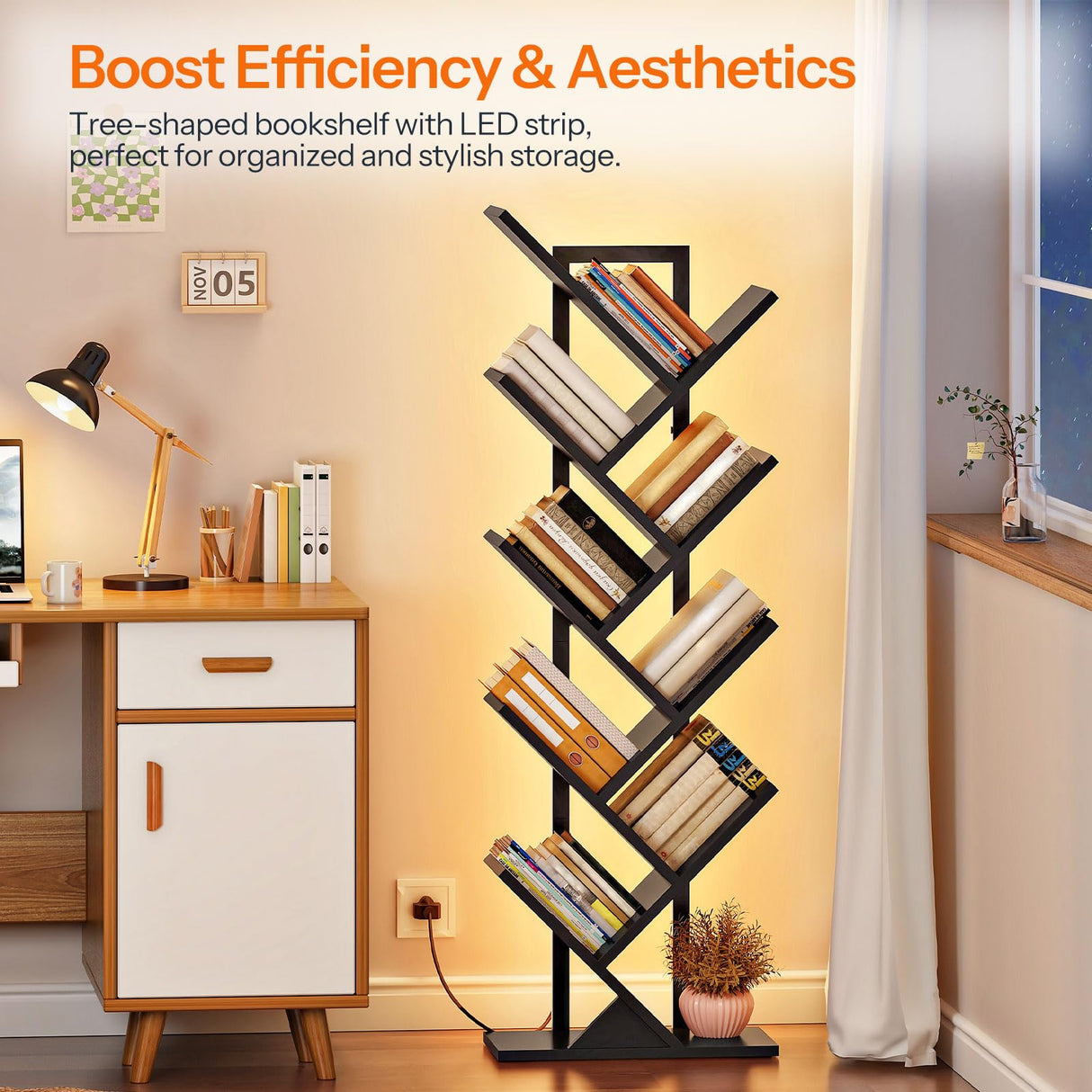 HOOBRO Tree Bookshelf, 9-Tier Bookcase with LED Lights, Space-Saving Book Shelf, Holds Books, CDs, Floor Standing Bookcase for Office, Living Room, Bedroom, Black BB08DSJ01 HOOBRO