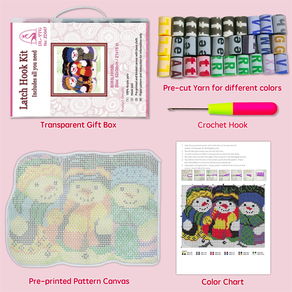 DL-YTG Latch Hook Kits Rug Snowman Crochet Yarn Cushion Colour Pre-Printed Canvas Cover Rug Needlework DIY Hook and Latch Kit Christmas Home Decoration 52x38cm/20 X15inch DL-YTG