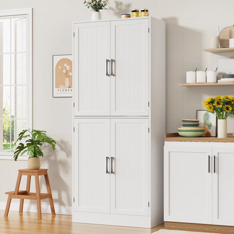 MHOM 71" Farmhouse Pantry Cabinet, Tall Storage Cabinet with 4 Doors and Adjustable Shelves, Freestanding Pantry for Dining Room, Kitchen, and Living Room, White MHOM