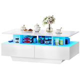 YITAHOME LED Coffee Table with Storage, Modern Coffee Tables for Living Room, High Glossy LED Coffee Table with Open Display Shelf & Sliding 4 Drawers, Rectangular Small Center Table, White YITAHOME