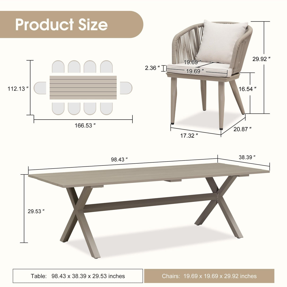 PURPLE LEAF 11 Pieces Patio Dining Set Wicker Outdoor Furniture Rectangular Table and Chairs Set for Garden Deck Aluminum Frame Backyard Kitchen Set, Cushions and Pillows Included Champagne PURPLE LEAF