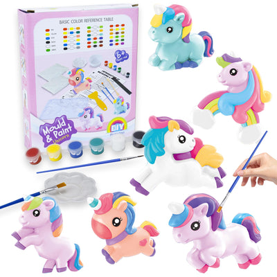 DIY Unicorn Painting Kit - Arts & Craft Set with 6 Plaster Unicorn Mold Fridge Magnets, 6 Paint Pots, 2 Brushes & 1 Scraper, Used in Living Room, Canteen, Creative Gift for Girls