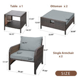 LEVELEVE Balcony Furniture 5 Piece Patio Conversation Set, PE Wicker Rattan Outdoor Lounge Chairs with Soft Cushions 2 Ottoman&Glass Table for Porch, Lawn-Brown Wicker LEVELEVE