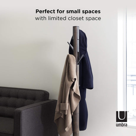 Umbra Flapper Coat Rack, Clothing Hanger, Umbrella Holder, and Hat Organizer, Great for Entryway, Black/Walnut (320361-048) Umbra