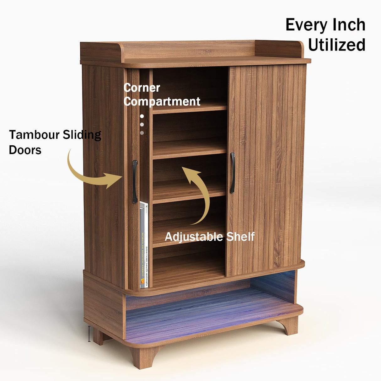 Maupvit 6-Tier Shoe Cabinet with Fluted Sliding Tambour Doors, Entryway Shoe Storage Cabinet with Led Light & Open Storage, 4 Adjustable Shelf, Shoes Rack Organizer for Entryway, Hallway, Living Room Maupvit