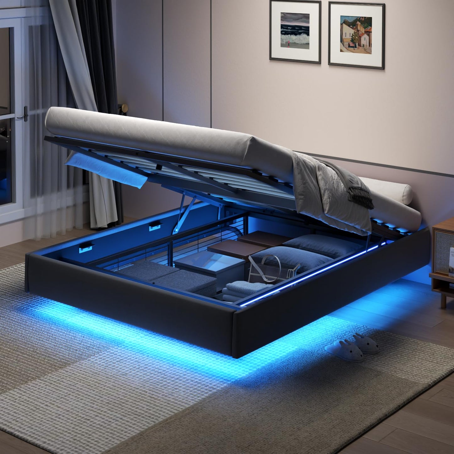 Queen Floating Lift Up Bed Frame with LED Lights & Hydraulic Storage - Modern Metal Platform Design - WoodArtSupply