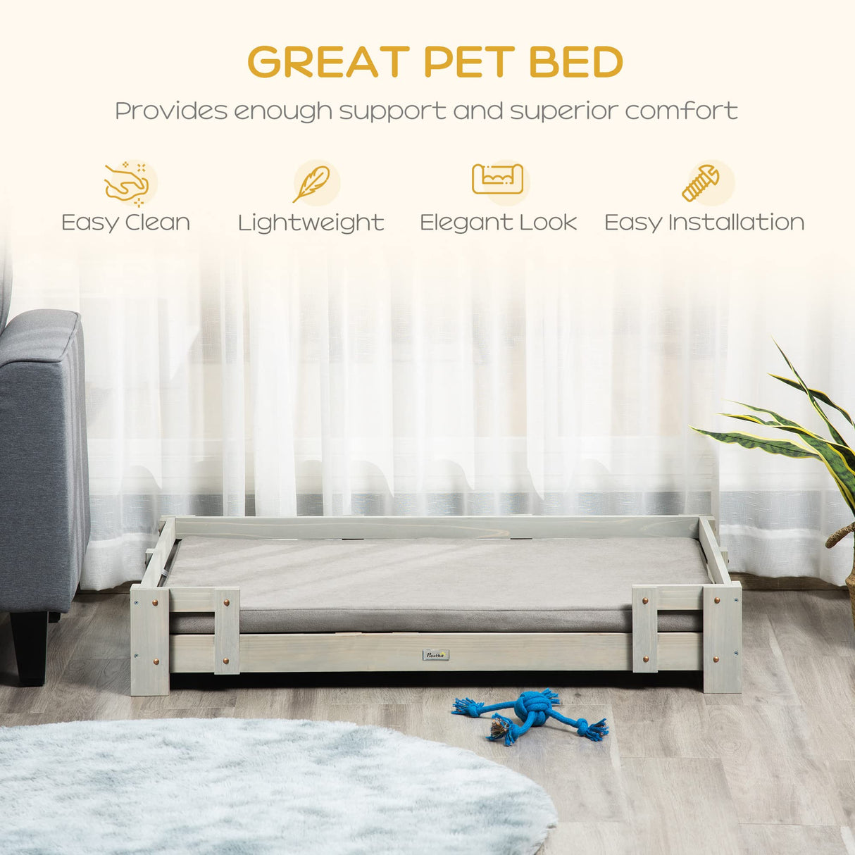 PawHut Large Dog Bed with Soft Foam Cushion, Wooden Dog Couch with Roomy Surface, Elevated, Slate Gray PawHut