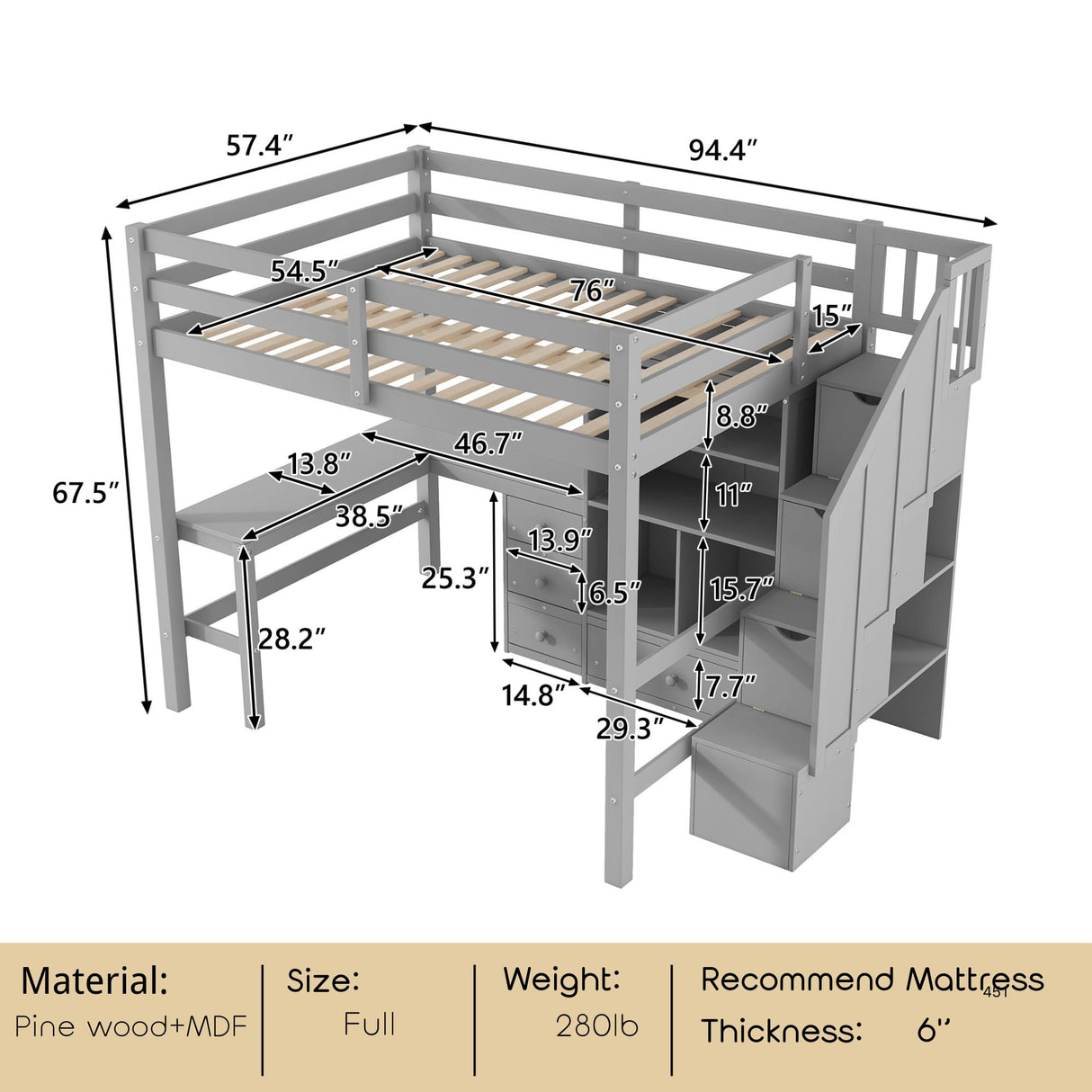 MERITLINE Full Size Loft Bed with L-Shaped Desk,Drawers,Staircase and Bookcase,Solid Wood High Loft Bed with Stairs and Guardrails,for Adults, No Box Spring Needed (Grey,Full) MERITLINE