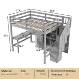 MERITLINE Full Size Loft Bed with L-Shaped Desk,Drawers,Staircase and Bookcase,Solid Wood High Loft Bed with Stairs and Guardrails,for Adults, No Box Spring Needed (Grey,Full) MERITLINE