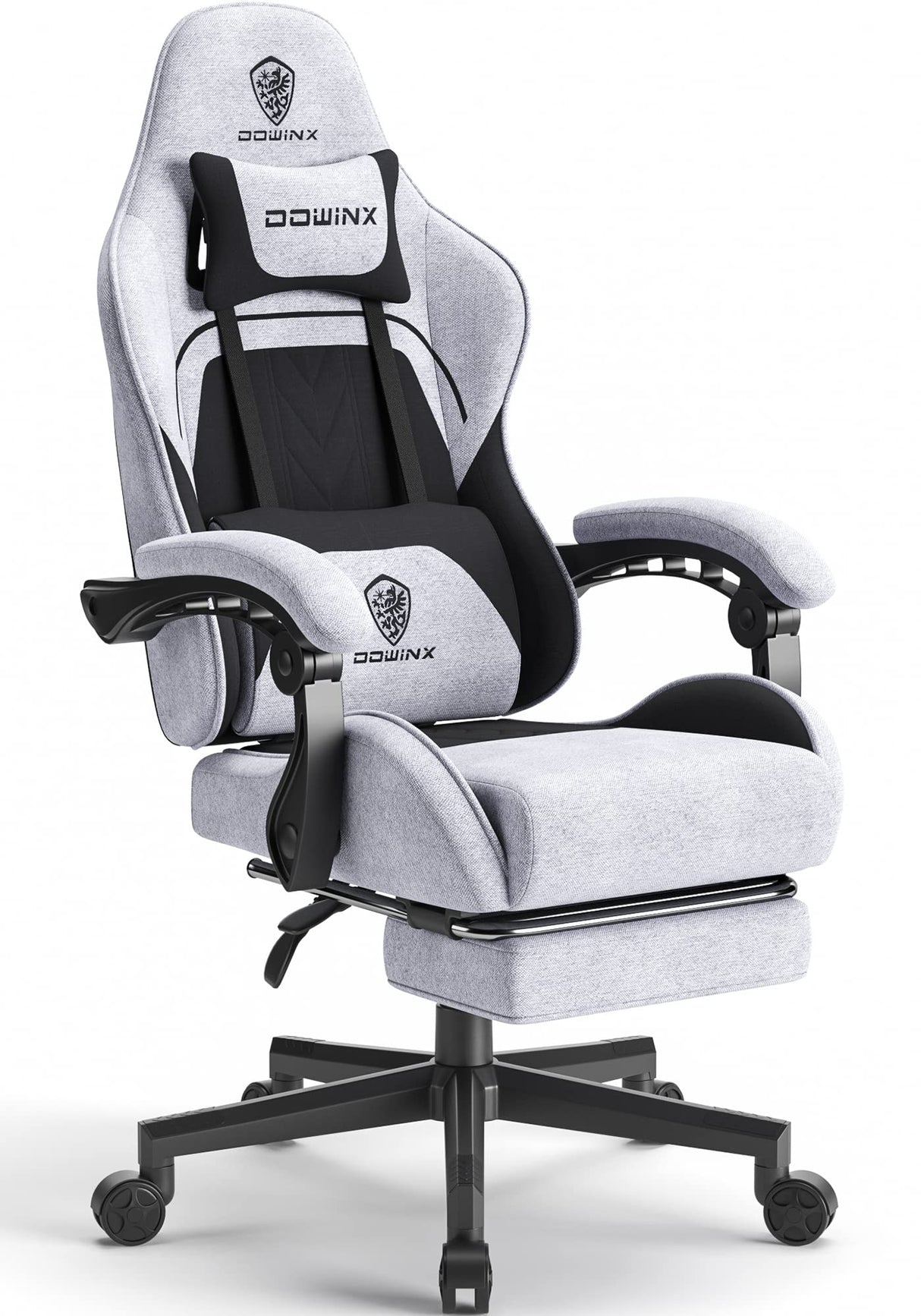 Dowinx Gaming Chair Fabric with Pocket Spring Cushion, Massage Game Chair Cloth with Headrest, Ergonomic Computer Chair with Footrest 290LBS, Black and Grey Dowinx