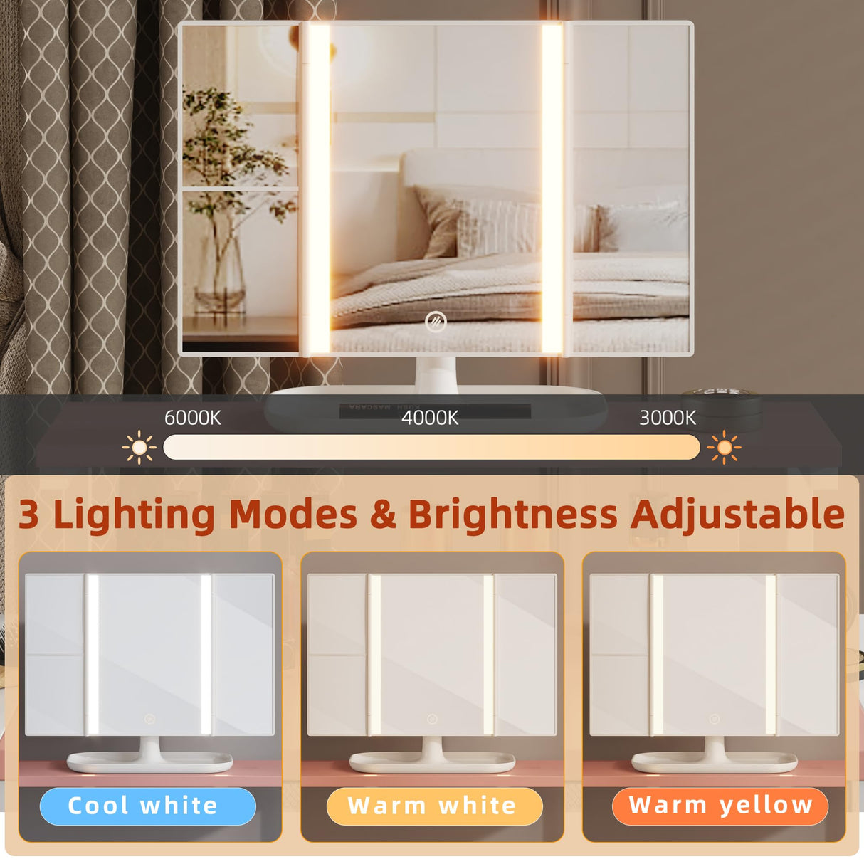 HIGDBFE Makeup Vanity Desk with Mirror and Lights, Small Vanity Table with Height-Adjustable Stand, 3 Fabric Drawers Vanity Desk for Girls Gifts, Bedroom and Small Spaces, 27.5'', White&Pink HIGDBFE