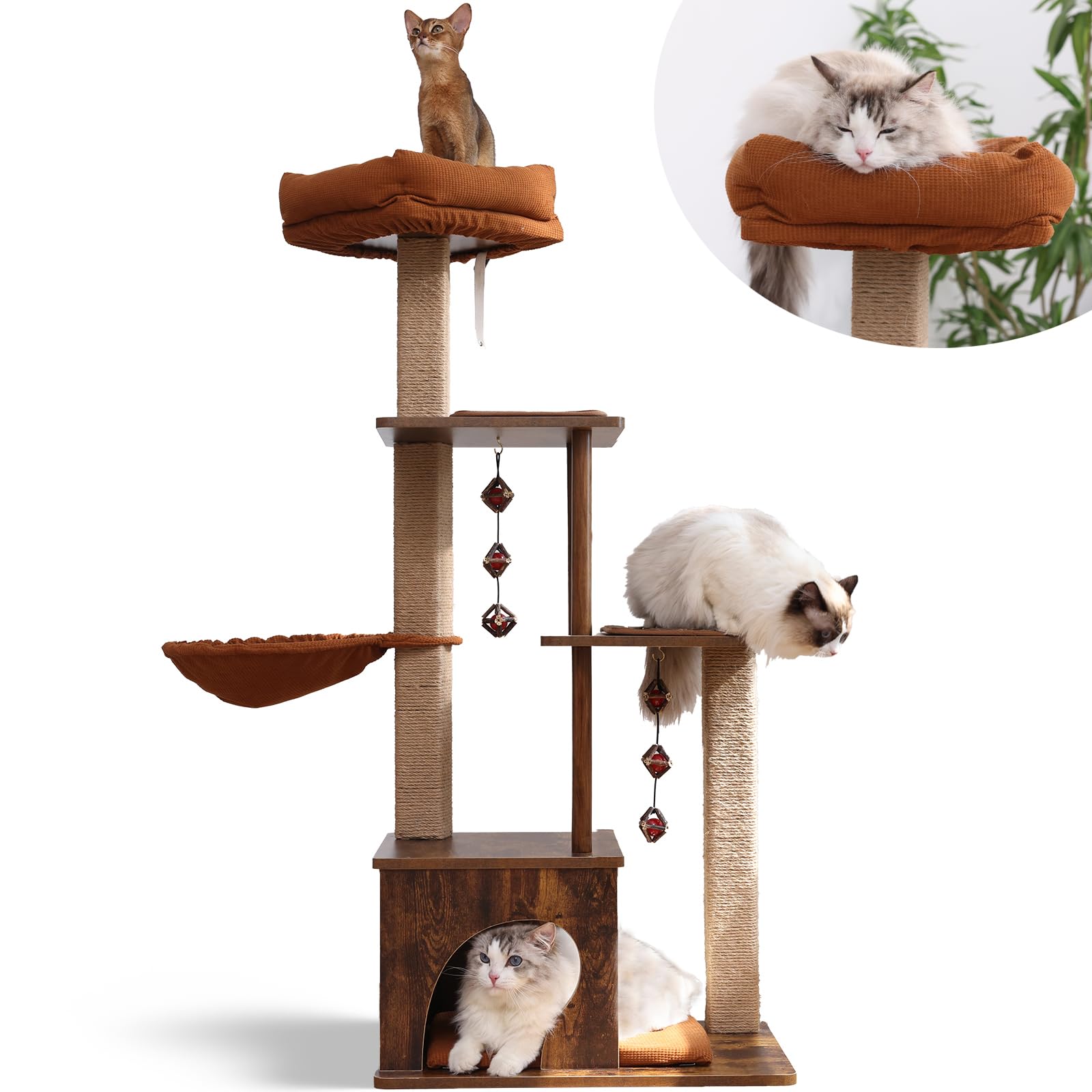 FUKUMARU Cat Tree, 4 in 1 Large Modern Cats Tower with Jute Scratching Post and Hammock, Wood Cat Condo with silvervine balls, Cat Climber Stand Playhouse for Indoor Cats, Retro Style - WoodArtSupply