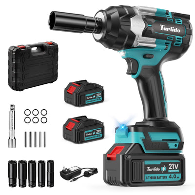 Tarlido Cordless Impact Wrench, 1000 N.m/740 FT-LBS,1/2 Inch Brushless Impact Gun,3200 RPM High Torque,Electric Impact Driver with 2x 4.0Ah Batteries, 5 Sockets