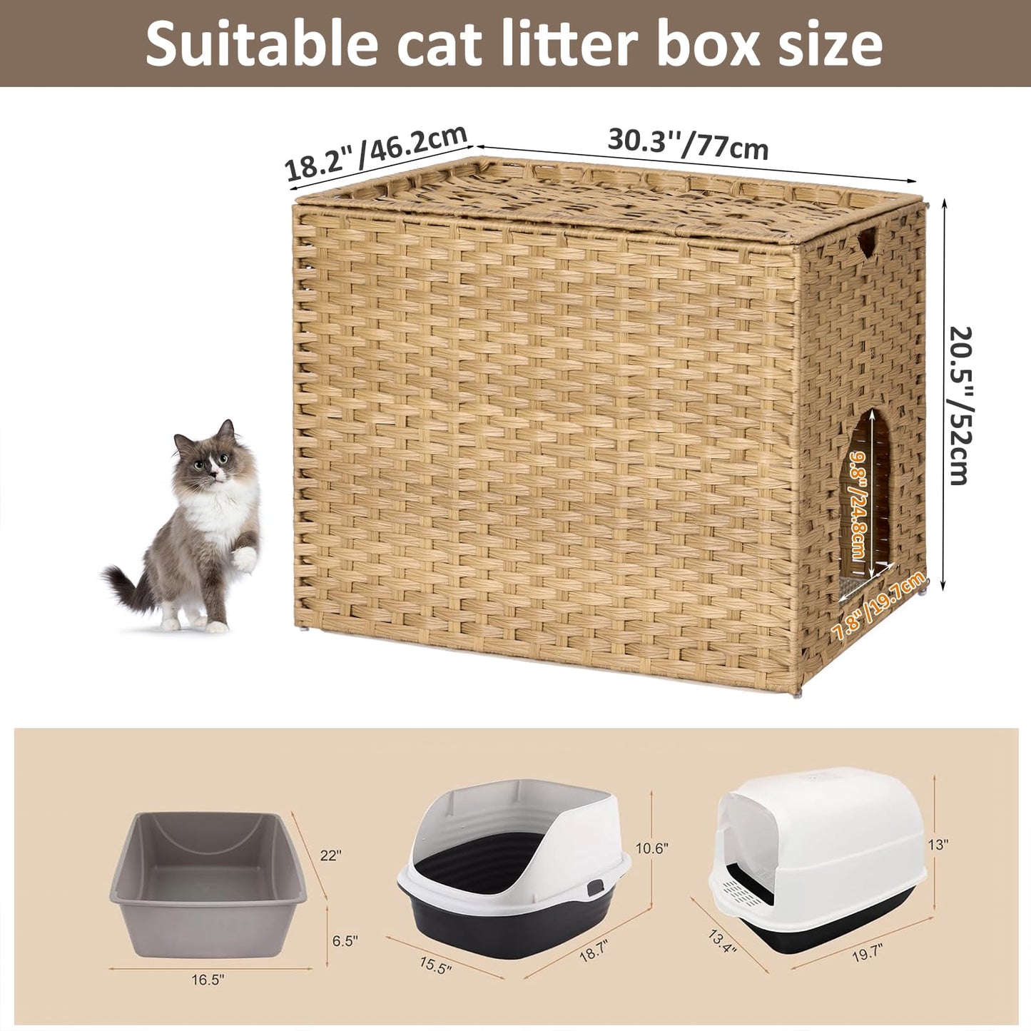 Cat Litter Box Enclosure with Litter Trapping Mat; Handwoven Plastic Rattan Cat House; No Installation Hidden Cat Washroom; Pet Crate for Balcony,Bedroom,Living Room