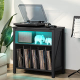 Large Record Player Stand with Charging Station & LED Lights, Black Vinyl Record Storage Holder Holds up to 230 Albums, Turntable Stand with Display Shelf for Music Room Bedroom Living Room. Joaxswe