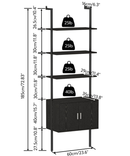 Yusong 73" Tall Bookshelf with Cabinet, Industrial Ladder Wall Mount Shelf Bookcase with Wood and Metal Frame, Plant Shelf Wall Storage Display for Living Room Bedroom, Black Wood Grain