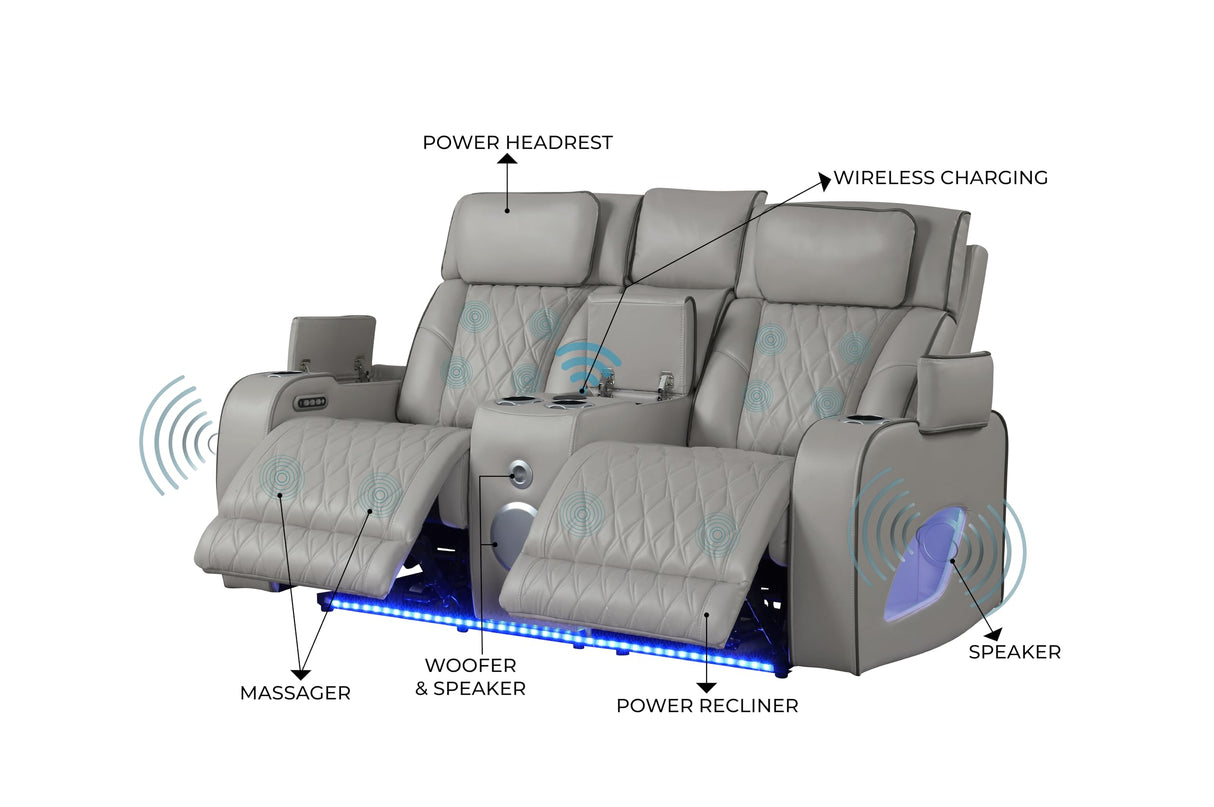 DancingSwan 3PC Recliner Sofa Set with Massage: Modern Faux Leather Living Room Furniture with LED Lighting & Bluetooth Speakers - Family Home Entertainment Seating for Adults & Guests DancingSwan