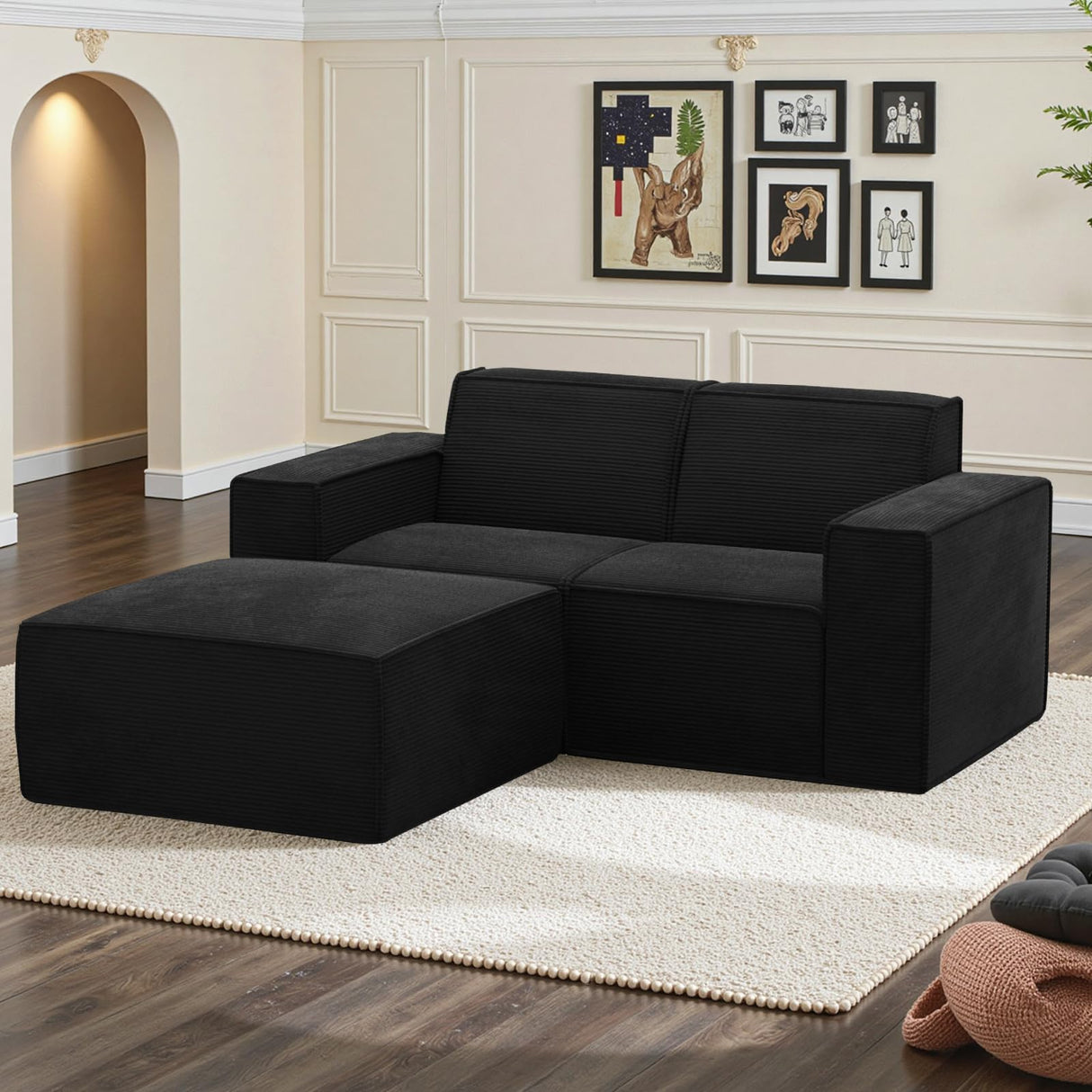 Cozy Castle 71" Loveseat Sofa, L Shaped Comfy Corduroy Boneless Couch with Deep Seat and Ottoman Chaise Cloud Sofa Upholstered Couches for Living Room Bedroom No Assembly Required (Black) Cozy Castle