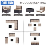 Gotland 7-Piece Outdoor Patio Furniture Set - All-Weather PE Rattan Sectional Wicker with Replaceable Khaki Waterproof Cushions & Coffee Table Gotland